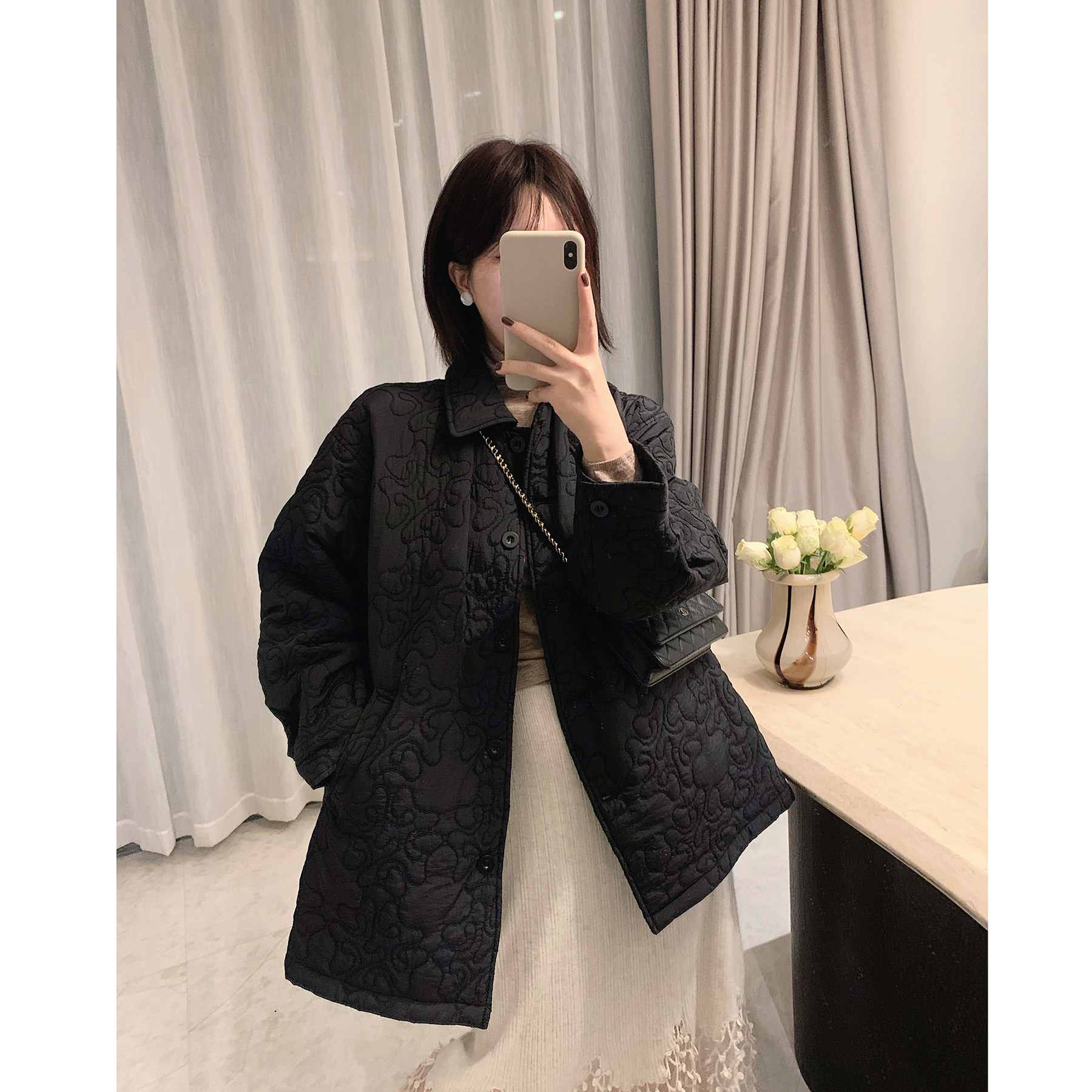 misslady洋气刺绣复古黑色棉服外套女棉衣大衣秋冬季宽松气质优雅