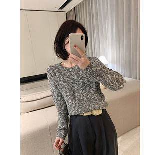 misslady复古杂色圆领长袖套头针织衫女上衣短款小个子韩系慵懒风