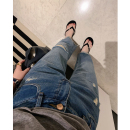 子女夏高腰毛边休闲韩系直筒显瘦 misslady显瘦轻薄破洞九分牛仔裤