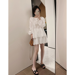 misslady白色精致复古刺绣套装 系带上衣松紧腰半身裙两件套女 长袖