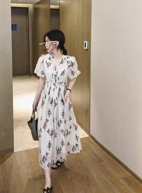 misslady法式印花高腰通勤设计