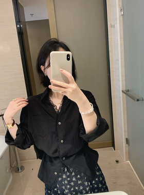 misslady法式柔滑蕾丝边黑色衬衫女士上衣气质宽松显瘦高级感衬衣