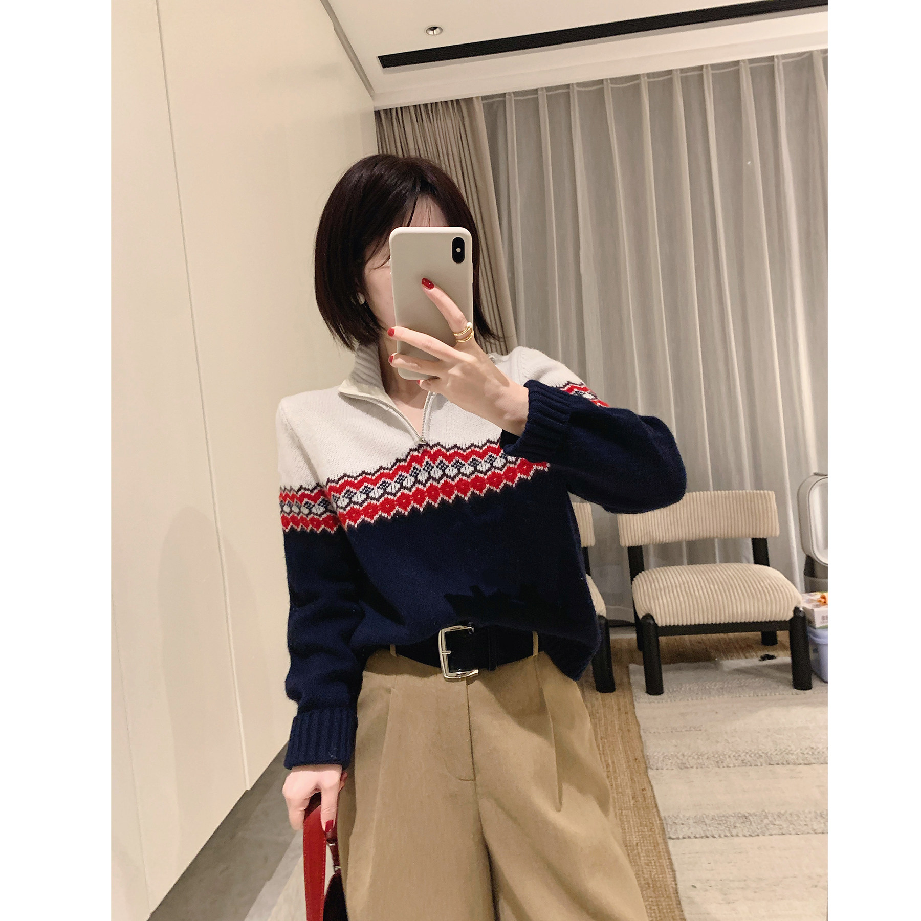 费尔岛几何翻领羊毛成分毛衣