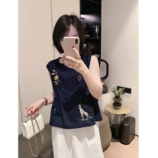 小众气质 misslady时髦刺绣亚麻背心上衣女无袖 衬衫 2025年夏季 新款