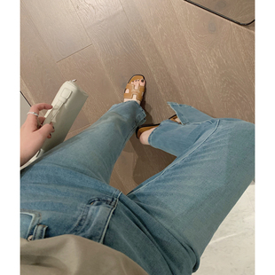 misslady韩国复古好显瘦下摆喇叭九分牛仔裤女高腰修身开叉长裤