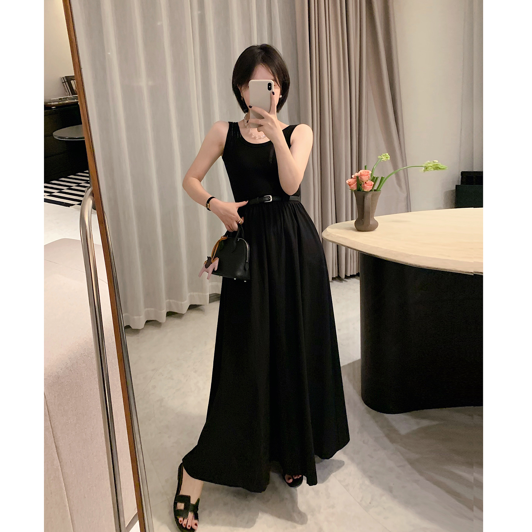 复古显瘦高腰腰带背心连衣裙