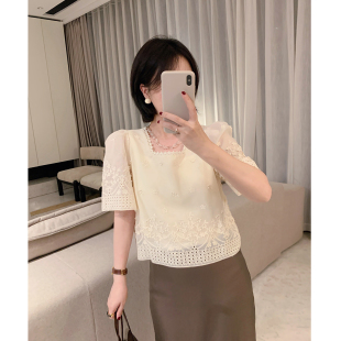 宽松短款 misslady重工刺绣蕾丝边方领短袖 法式 衬衫 优雅 女上衣夏季