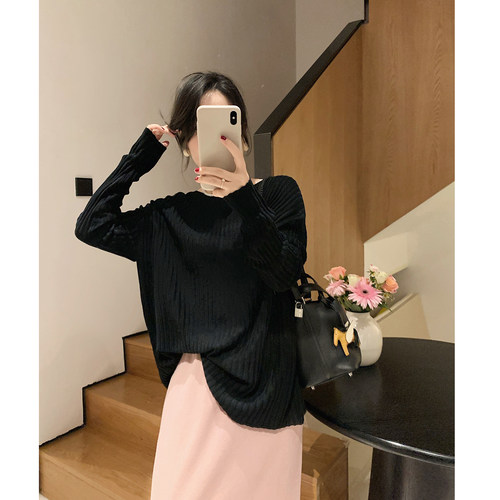 misslady优雅复古慵懒感竖条纹长袖圆领针织毛衣女冰丝崔感上衣
