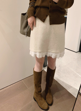 misslady法式蕾丝针织短裙女高腰直筒温柔显瘦半身裙新款小个子冬