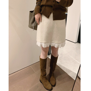 misslady法式 小个子冬 蕾丝针织短裙女高腰直筒温柔显瘦半身裙新款