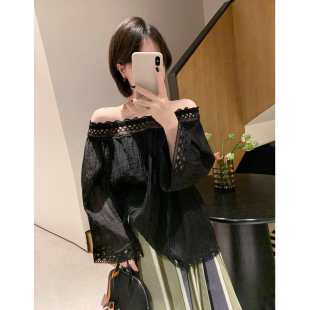 露肩春夏宽松气质 衬衫 misslady法式 复古黑色蕾丝边一字肩上衣长袖