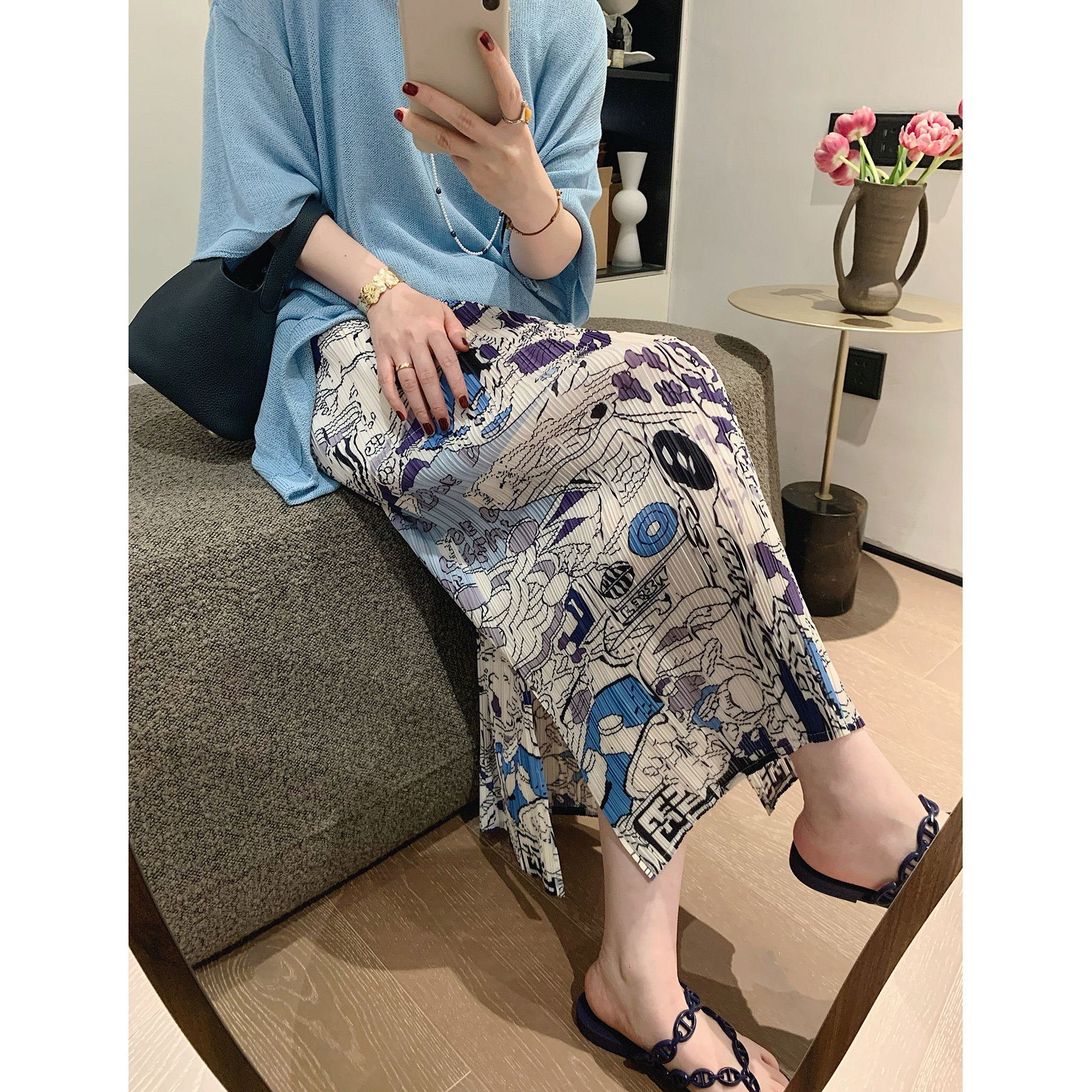misslady复古百褶显瘦印花开叉半身裙子女高腰春夏新款直筒中长款