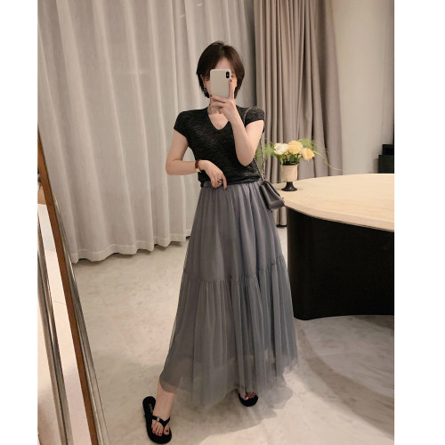 misslady复古柔软网纱纯色半身裙女中长款a字高腰显瘦大摆蓬蓬裙