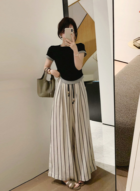 misslady亚麻长裤竖条纹女高腰宽松垂感烟管休闲松弛直筒阔腿老钱