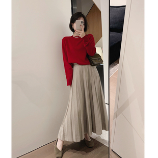 misslady复古百褶针织洋气半身裙松紧腰遮胯显瘦中长短裙可咸可甜