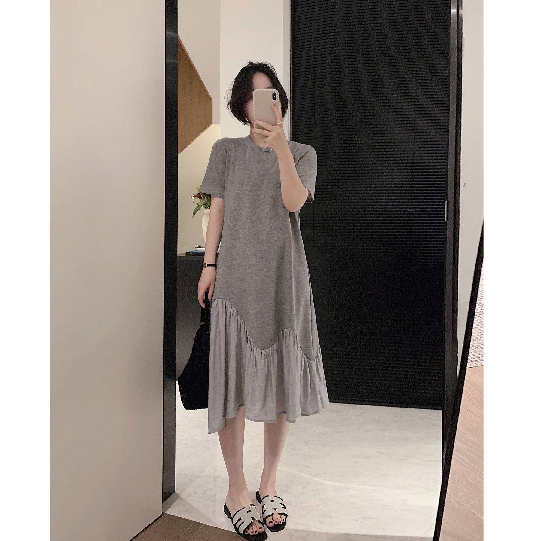 拼接荷叶下摆纯色复古