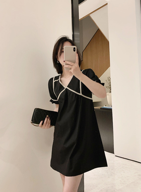 misslady韩版法式黑色小个子v领慵懒度假风连衣裙2025新款女夏季