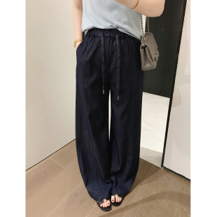 女高腰宽松休闲百搭镰刀长裤 misslady显瘦复古设计款 牛仔蓝阔腿裤