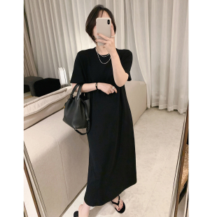 T恤连衣裙舒适休闲女人新款 misslady自留慵懒感复古短袖 纯色长款