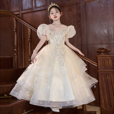 香槟色礼服长裙小女孩大码胖MM花童晚礼服蓬蓬裙钢琴主持人生日裙