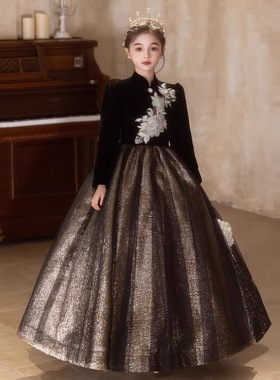 女童黑色大码礼服小女孩生日宴十岁钢琴小提琴主持人演出服蓬蓬裙