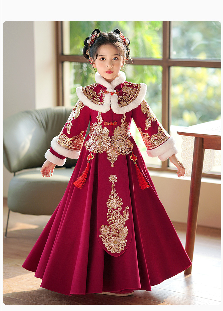 女大童红色汉服中国风旗袍裙小女孩花童钢琴古筝表演拜年服公主裙