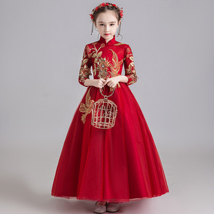 中大童洋气学生大码古筝生日礼服小女孩红色公主裙主持舞蹈演出服