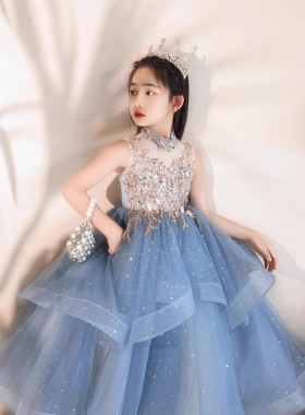 蓝色主持人12岁生日钢琴模特考级表演服女大童礼服端庄大气公主裙