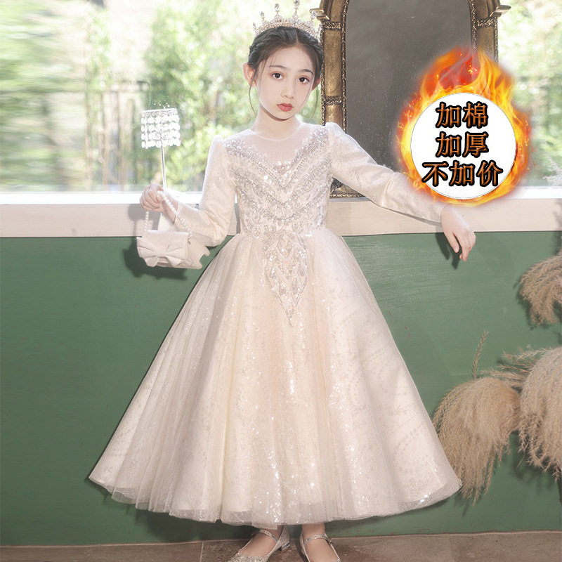 高端香槟色公主裙女大童初中生胖MM晚礼服钢琴主持人小提琴演奏服图片
