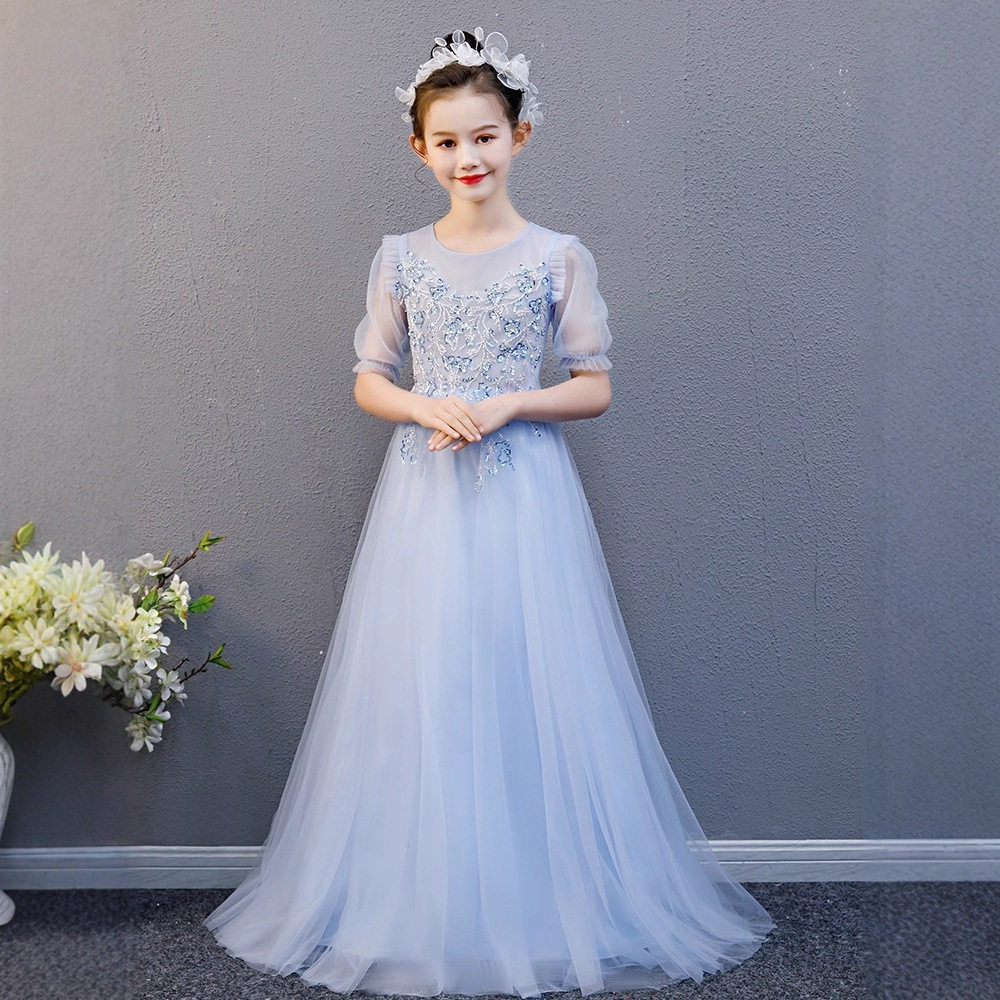 女大童天蓝色轻奢小众公主裙花童生日微胖蓬蓬裙钢琴主持人礼服裙