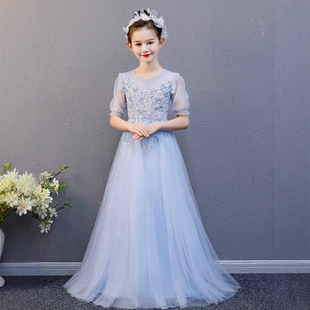 女大童天蓝色轻奢小众公主裙花童生日微胖蓬蓬裙钢琴主持人礼服裙