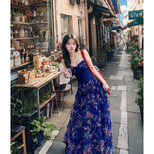 新款 蓝蝶花泰兰德度假海边碎花裙女2025年夏季 拼接收腰森系连衣裙
