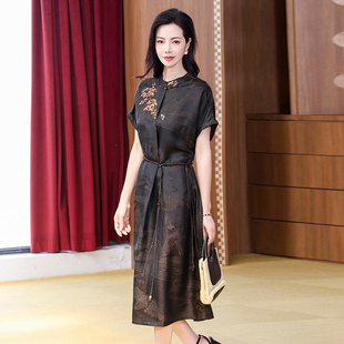 聲雨竹提花香云紗真絲連衣裙女2025夏季 桑蠶絲 系帶收腰中年媽媽裝
