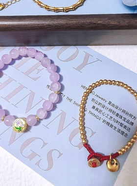 新中式国潮风古法鎏金手工串珠红绳平安喜乐小胖福小竹节手串