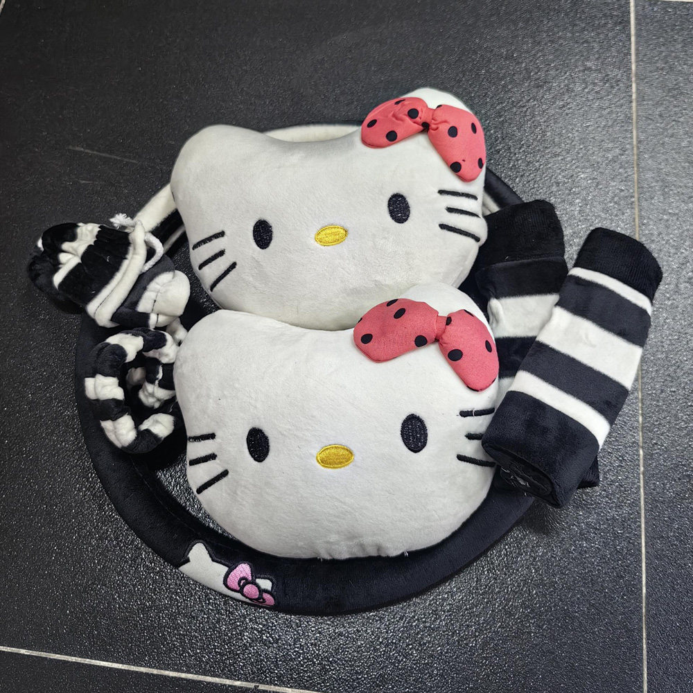新款条纹HelloKitty猫汽车头枕质感通用车载颈枕方向盘套护肩用品
