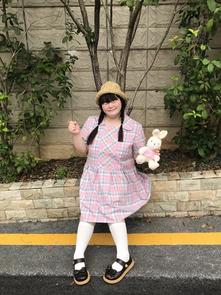 樱萝学苑/桃气酥原自制双排扣夏季短袖娃娃领大码正肩格纹连衣裙