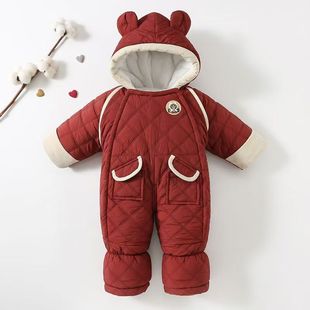 婴儿冬夫外出爬服加绒保暖连体衣宝宝衣服抱抱服加厚简约包脚哈衣