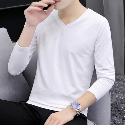 秋季纯棉V领长袖t恤男士打底衫