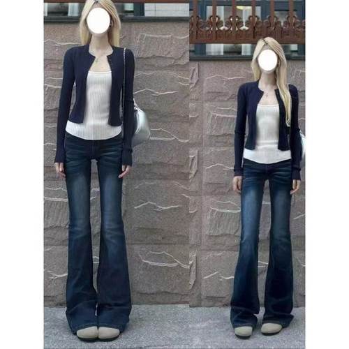 小个子一米五欧美复古风新款牛仔裤女修身高腰显瘦弹力马蹄喇叭裤