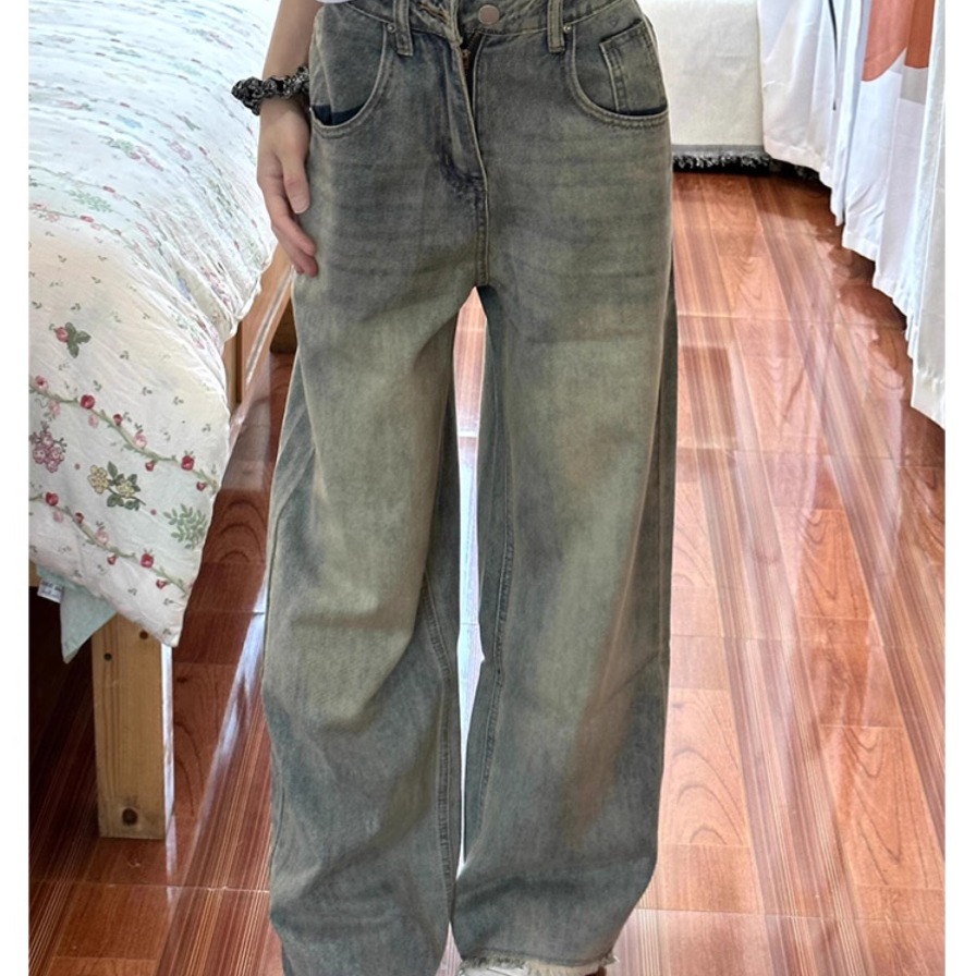 小个子一米五复古做旧阔腿牛仔裤女款高腰遮胯显瘦带毛边直筒裤子
