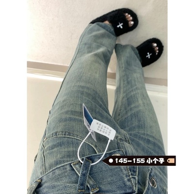 小个子一米五复古微喇翻边设计女高腰牛仔裤显瘦喇叭通勤阔腿裤子