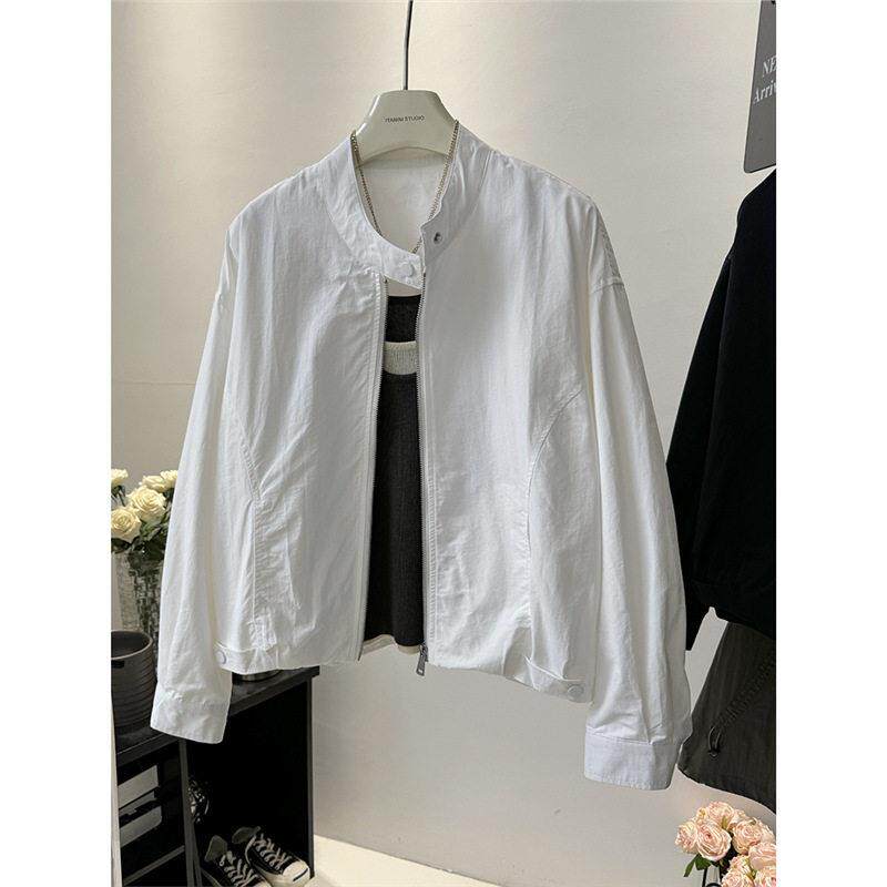 高级感白色夹克短外套女2025春小个子韩系慵懒风宽松显瘦立领风衣