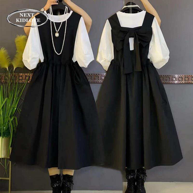 香港大码连衣裙套装女春夏胖mm减龄蝴蝶结设计背心裙打底衫两件套