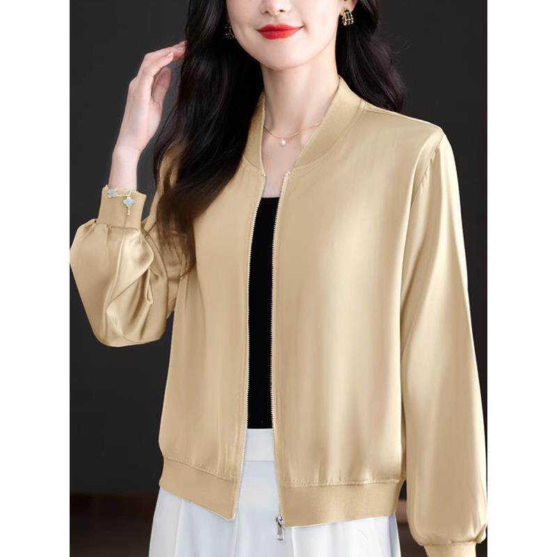 春秋醋酸缎面棒球服短外套女士薄款洋气减龄夹克小个子妈妈款上衣