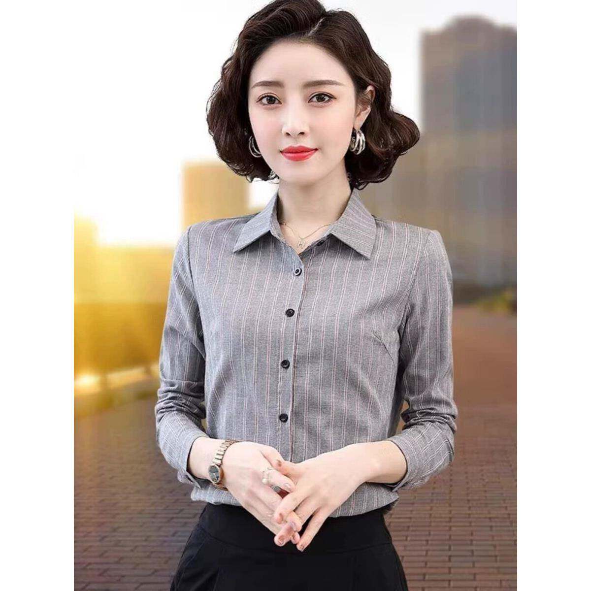 条纹衬衫女士2025年新款春装上衣长袖修身纯棉衬衣百搭显瘦打底衫