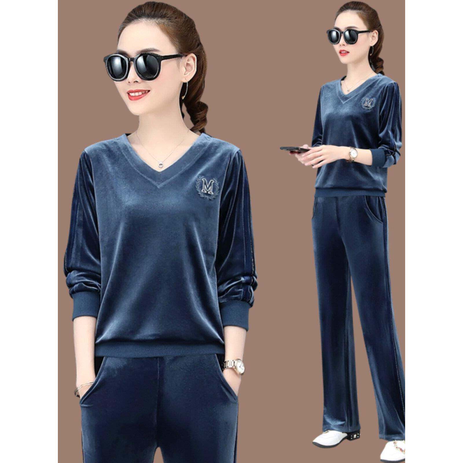 潮牌CVY运动套装女2025春秋新款时尚宽松V领长袖休闲金丝绒两件套