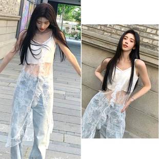 鞠婧祎同款 上衣夏 白色網紗透視設計感背心吊帶裙女不規則蕾絲罩衫