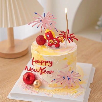 happynewyear新年亚克力礼花蛋糕装饰插牌跨年派对可爱马宝宝摆件