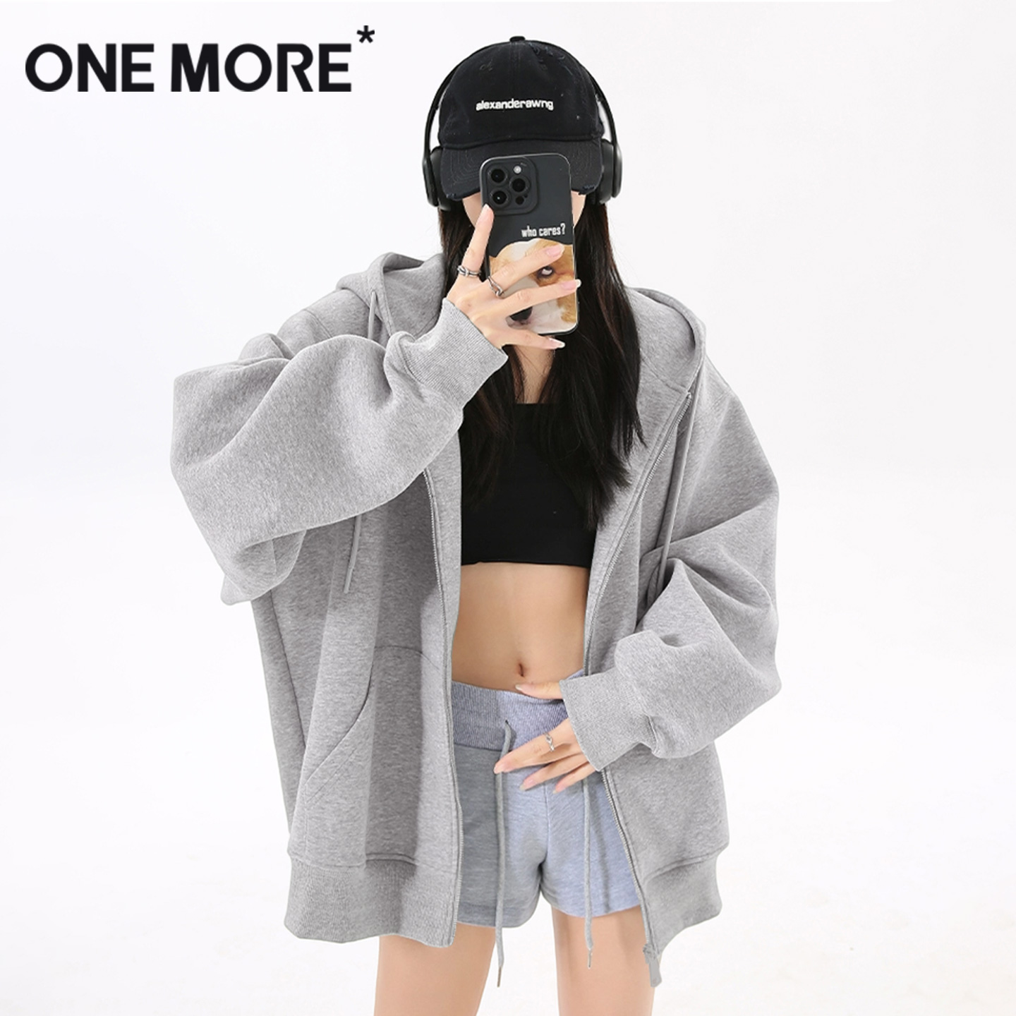 onemore灰色连帽卫衣女韩系慵懒