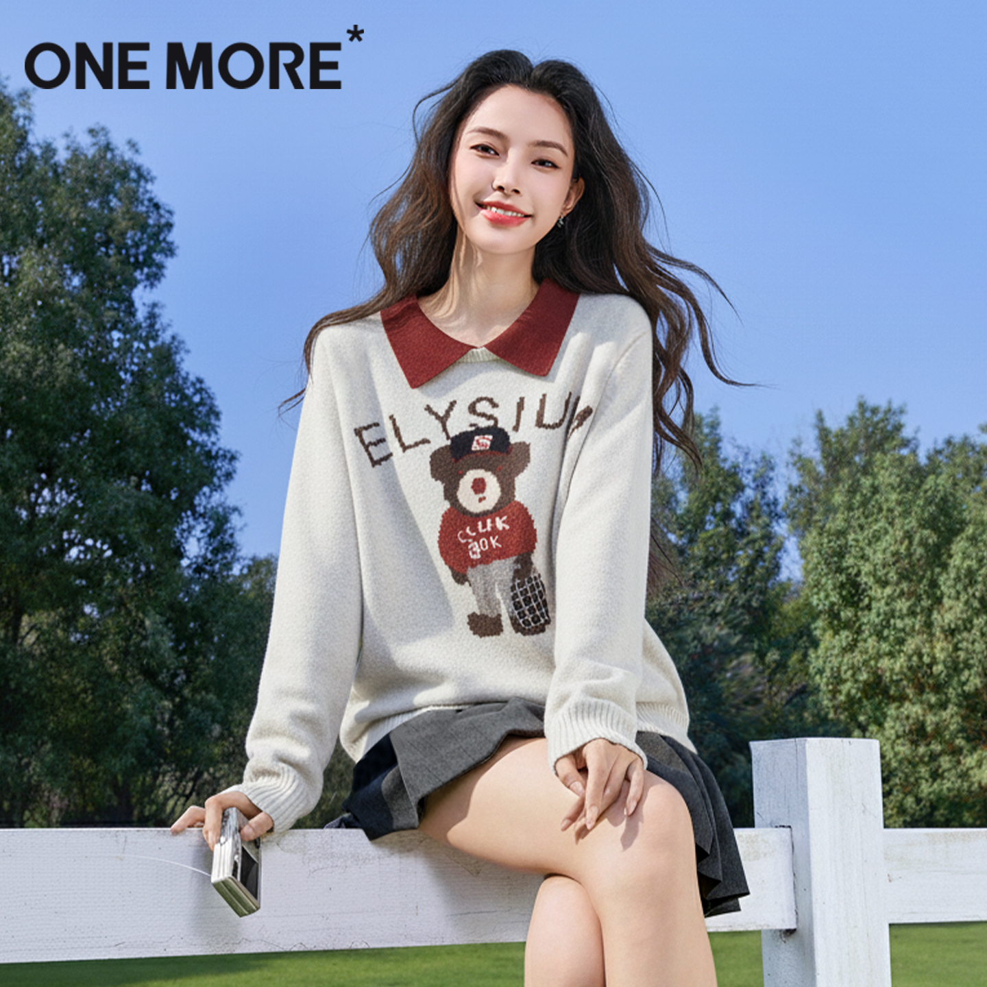 onemore白色小熊翻领毛衣女加厚